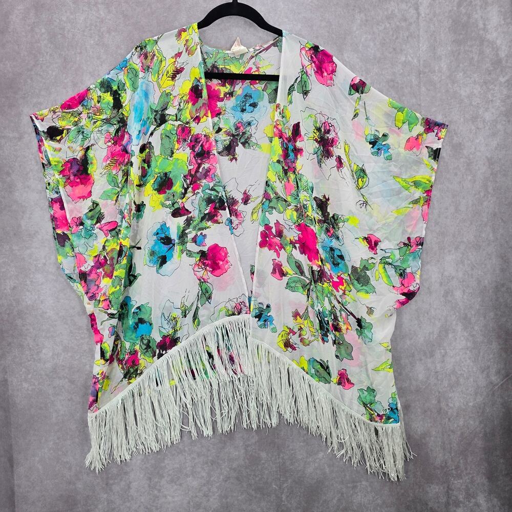 OP White Floral Fringe Boho Beach Swim Cover Up Duster Kimono XL Extra Large‎